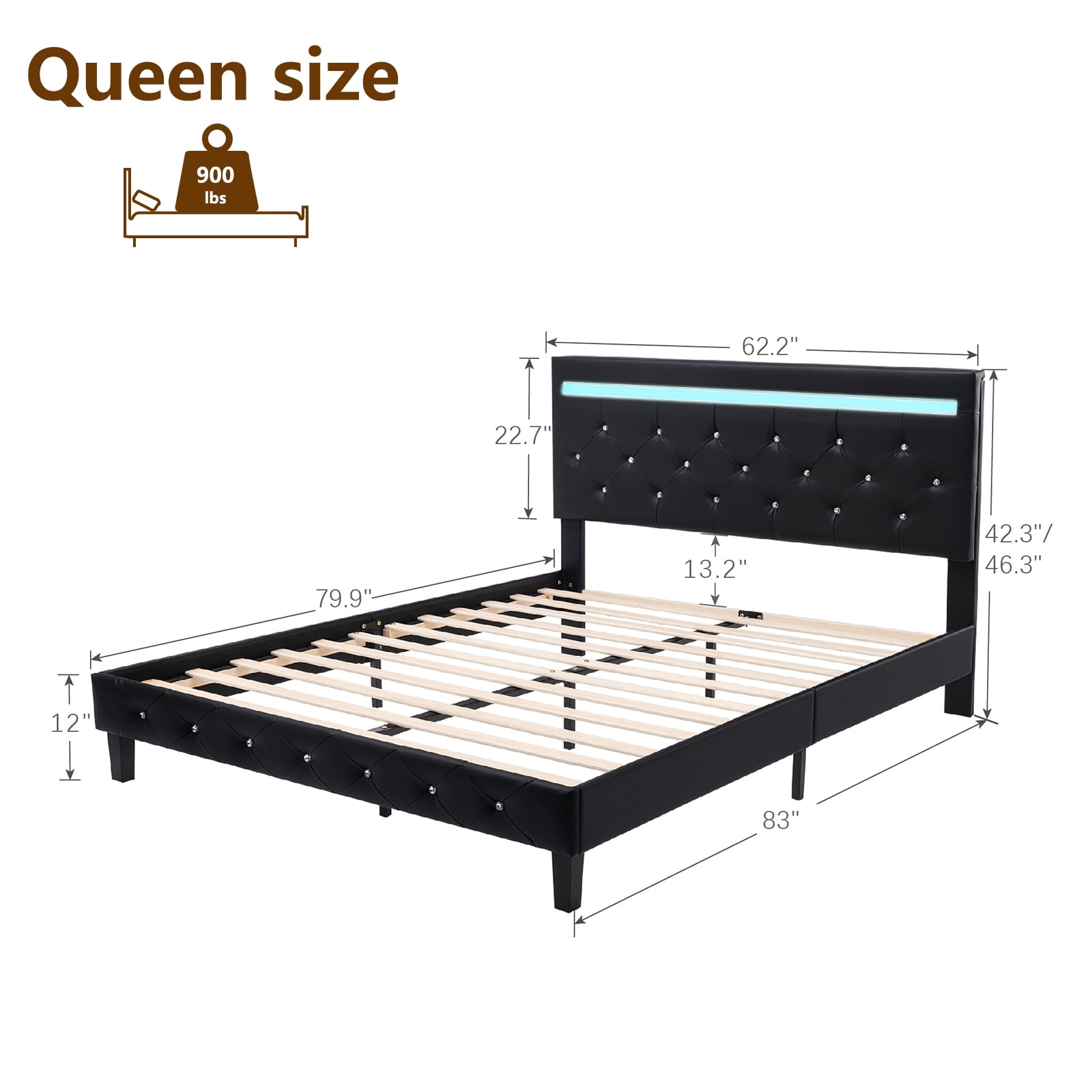 Kallabe Bed Frame Queen Size with Adjustable Upholstered Headboard, LED&Charging Station, Black