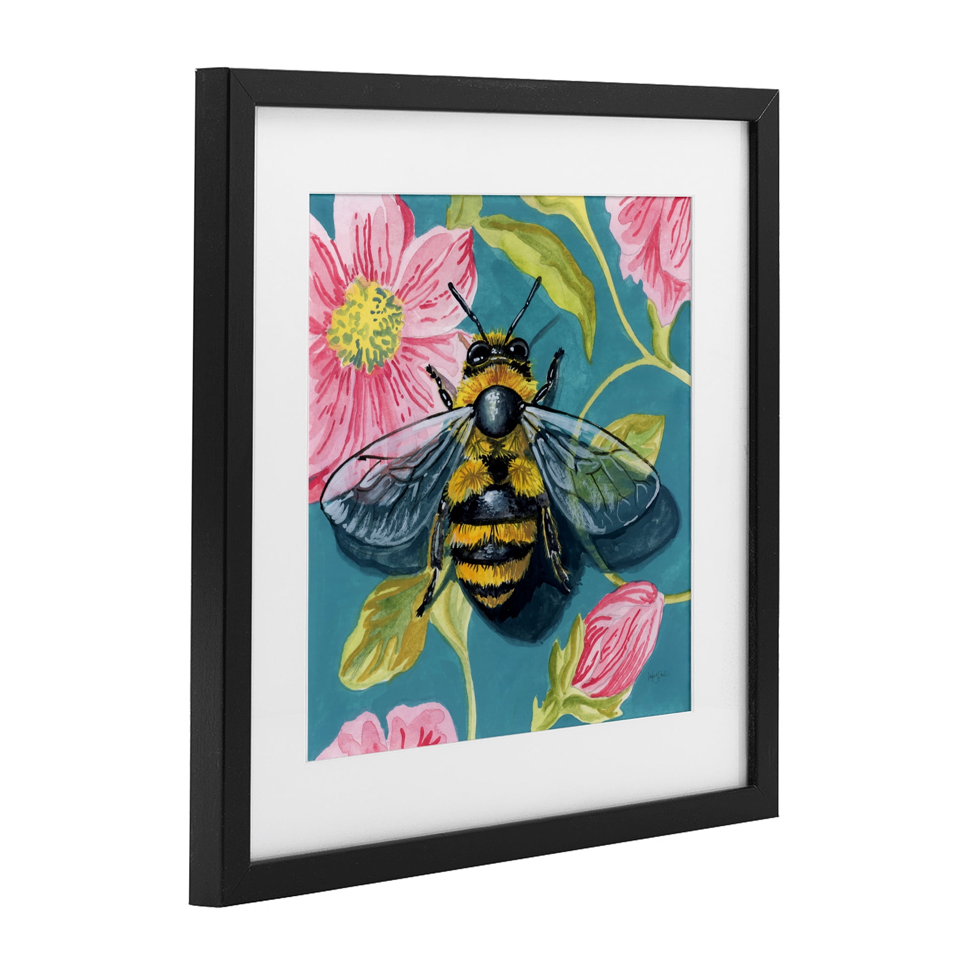 Stupell Industries Fuzzy Bee On Floral Pattern Black Framed Print Under Glass, design by Kate Jarvik Birch