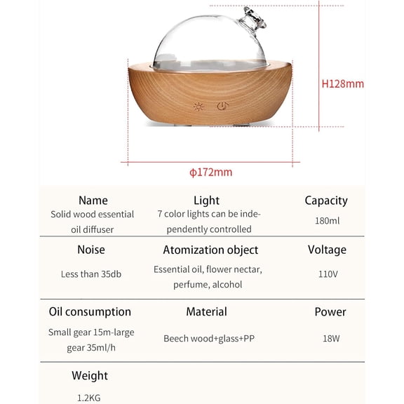 Glass Essential Oil Diffuser with Real Wood Base, 180ml Aromatherapy Humidifier, 2 Mist Modes, 7 Color LED Light, Ultrasonic Cool Mist for Home Office Bedroom