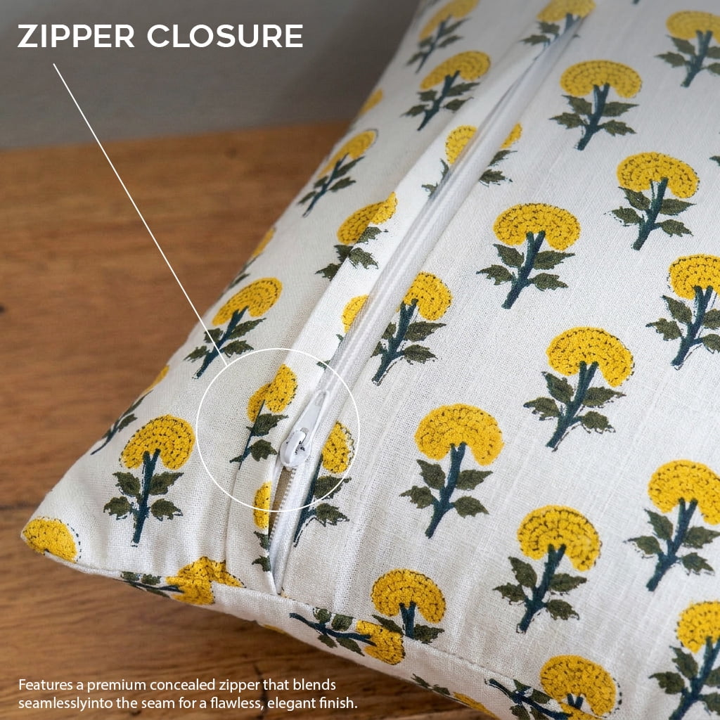 SHOPCREW Hand Block Printed Cotton Cushion Covers with Zipper Closure, Decorative Throw Pillow Covers for Sofa Couch Bed, 18x18 Inches, Pack of 2 - Golden Marigold Muse