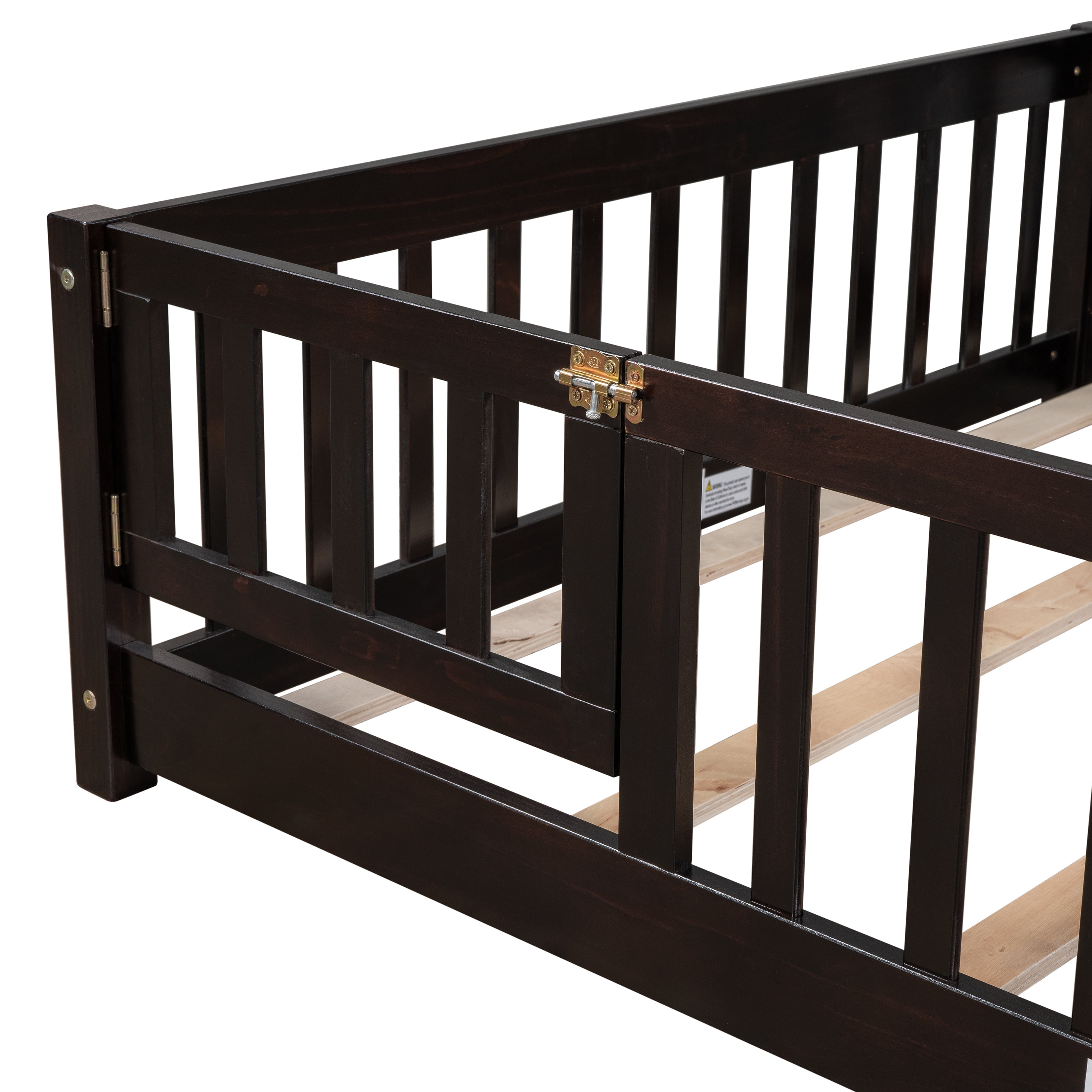 Bellemave Full Size Floor Beds with Door, Wood Montessori Bed with Fence Railings & Support Slats, No Box Spring Needed (Espresso)
