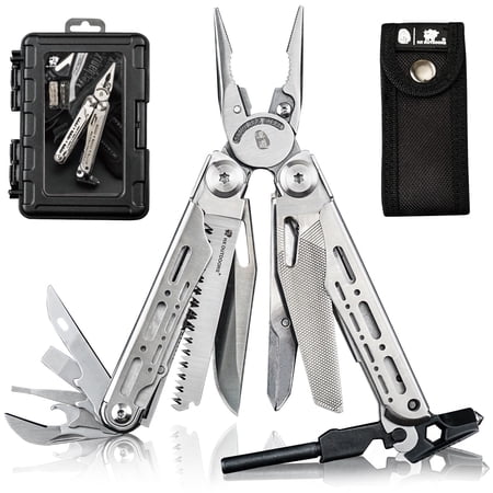 HX OUTDOORS 19 In 1 Multi Tool Pocket Knife Set Stainless Steel Multitool Pliers with Fire Starter and Glass Breaker Folding EDC Camping Survival Tools for Men (Silver)