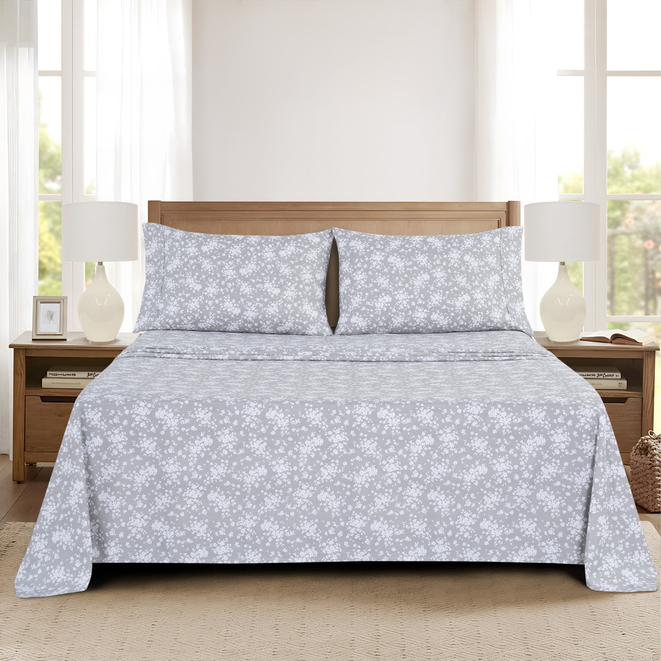 Mainstays Super Soft Brushed Microfiber Pillowcase Set, Gray Floral, King, 2 Piece