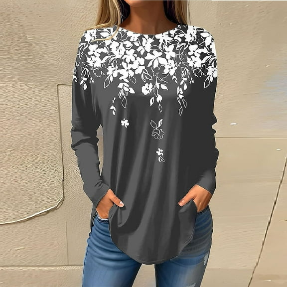 Gray Womens Tops Womens Blouses Dressy Casual Fall Hippie Tshirts Shirts Long Sleeve Cute Tops Floral Tunics Tops Crew Neck Sweatshirts Shirts for Women