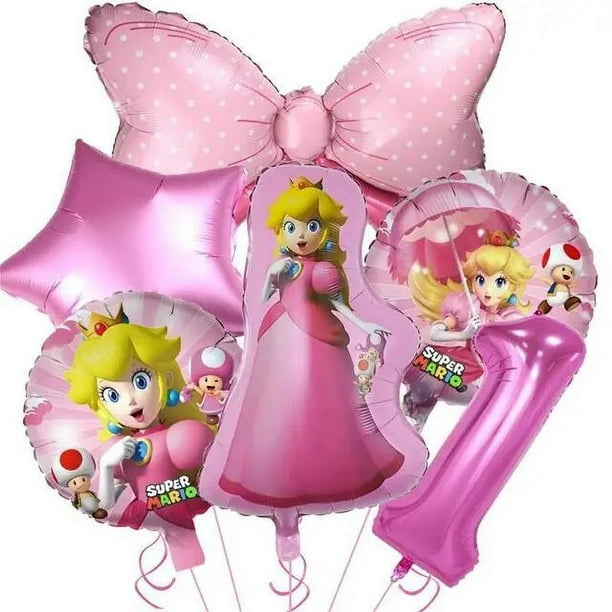 Suministros de fiesta de princesa Peach para niños y niñas, vasos, platos, mantel, servilletas, adorno de pastel, globo, decoraciones de cumpleaños, Baby Shower