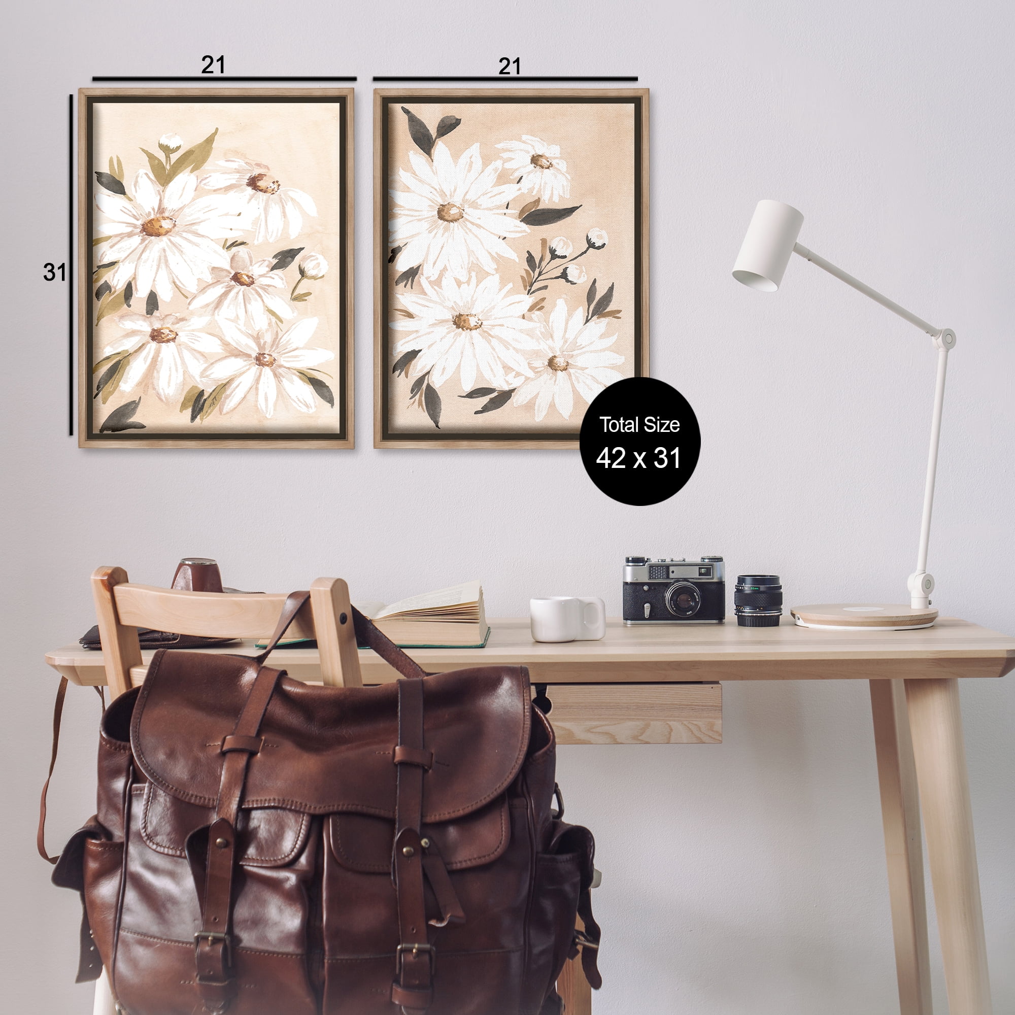 Stupell Industries White Daises on Peach Plants & Flowers Painting Brown Floater Framed Canvas Art Print Wall Art, 21 x 31, Set of 2