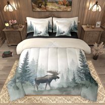 Homewish Farmhouse Reindeer Moose Bedding Comforter Set 7 Pieces, Woodland Wildlife Animal Full Bedding Set, Watercolor Art Reversible Fitted Sheet Flat Sheet, Ultra Soft Bedroom Decor