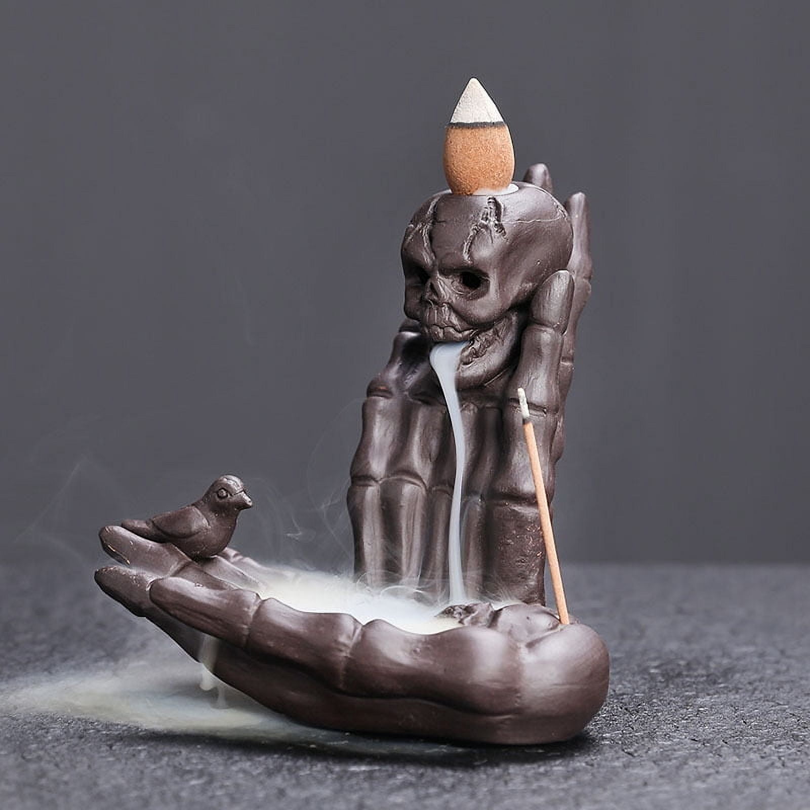 Ceramic Skull Head Incense Burner Ornament Ghost Hand Waterfall Backflow Incense Stick Holder Aromatherapy Halloween Decoration