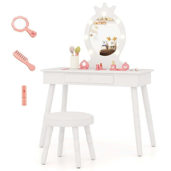 Costway Kids Vanity Set Princess Vanity Table & Chair Set with Lighted Mirror White