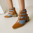 thumbnail image 1 of Ladies Chunky Heel Colorblock Belt Buckle Back Zipper Mid Heel Motorcycle Boots, 1 of 9