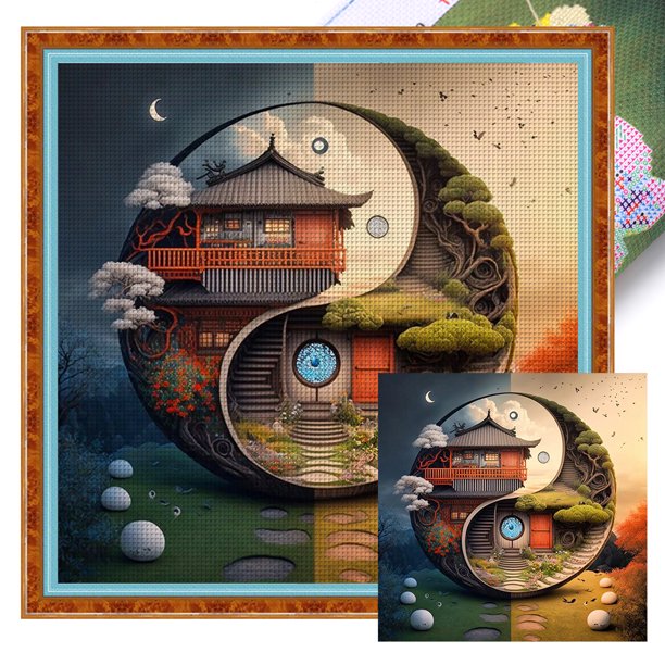 (11CTACC-4002__C__45X45) Hilo algodón ecológico bordado 11CT 3 hebras impresión 45*45cm Tai Chi Tu-Paisaje cabaña Kit punto cruz serie Still Life
