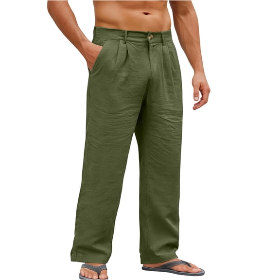 Domuza Men's Linen Pants Trendy Casual Pleated Straight Leg Pleated Slacks Spring Summer Lightweight Loose Fit Beach Pants with Pockets Army Green 3XL