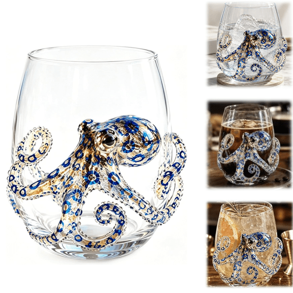 2026 Artisanal Blue Ringed Octopus Glassware, Novelty Drinking Glass, 12 Oz Borosilicate Tumbler, ocean themed table glass accessory 1PCS