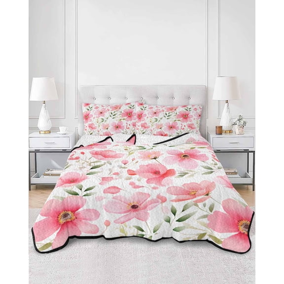 Quilts Twin XL Size, Elegant Spring Floral Soft Comforter Bedding Set for Bed, Pink Flower Summer Botanical Lightweight Quilted Bedspread with Pillow Cover(2 Pieces) for All Season, 68x98 Inch