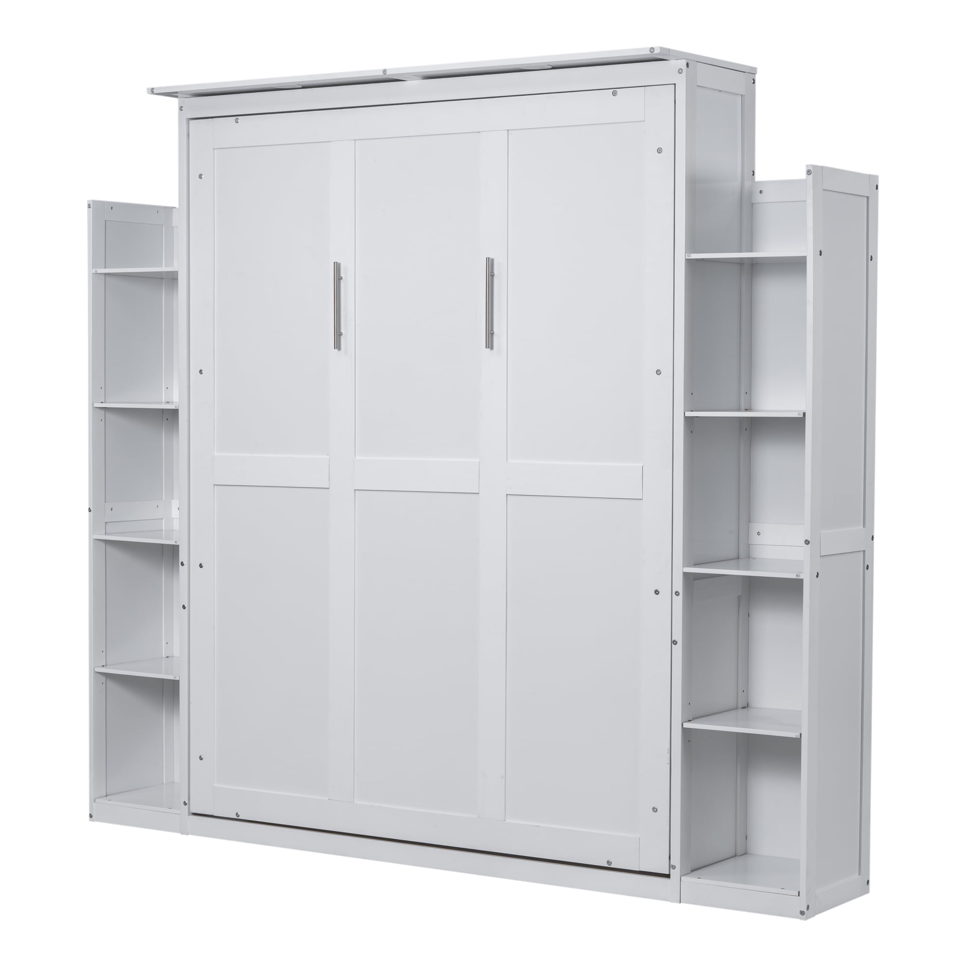 Mintazer Queen Size Murphy Bed with Side Bookcases & LED Lights, Folding Wall Cabinet Bed with Storage for Guest Room Home Office Apartment, Grey