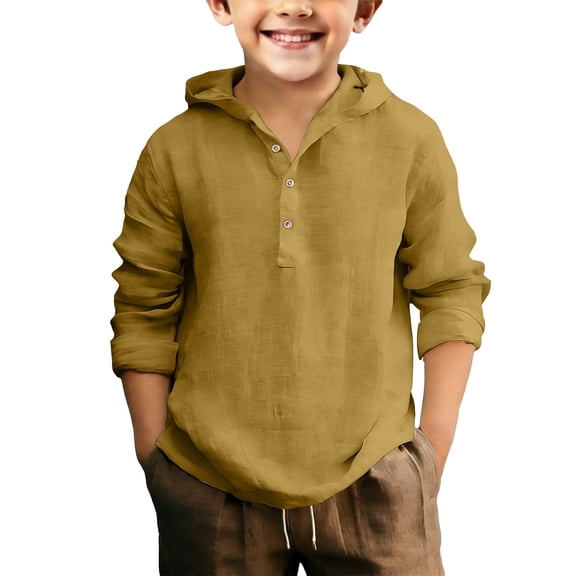 EnJoCho Boys Linen Shirt Hoodie Button Up Henle𝗒 Long Sleeve Dress Shirts Cotton Lightweight Summer Tees Tops Boys Long Sleeve Shirts