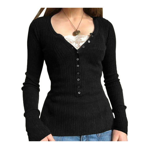 Liacowi Shirt for Women Long Sleeve Vintage Lace Patchwork Crop Top Crewneck Aesthetic Slim Blouse Tee Clothes