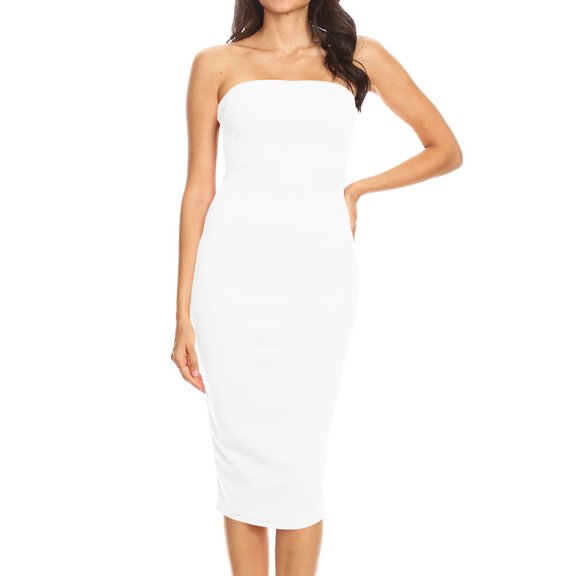 Women's Elastic Tube Top Strapless Basic Casual Solid Slim Bodycon Midi Dress S-3XL White S