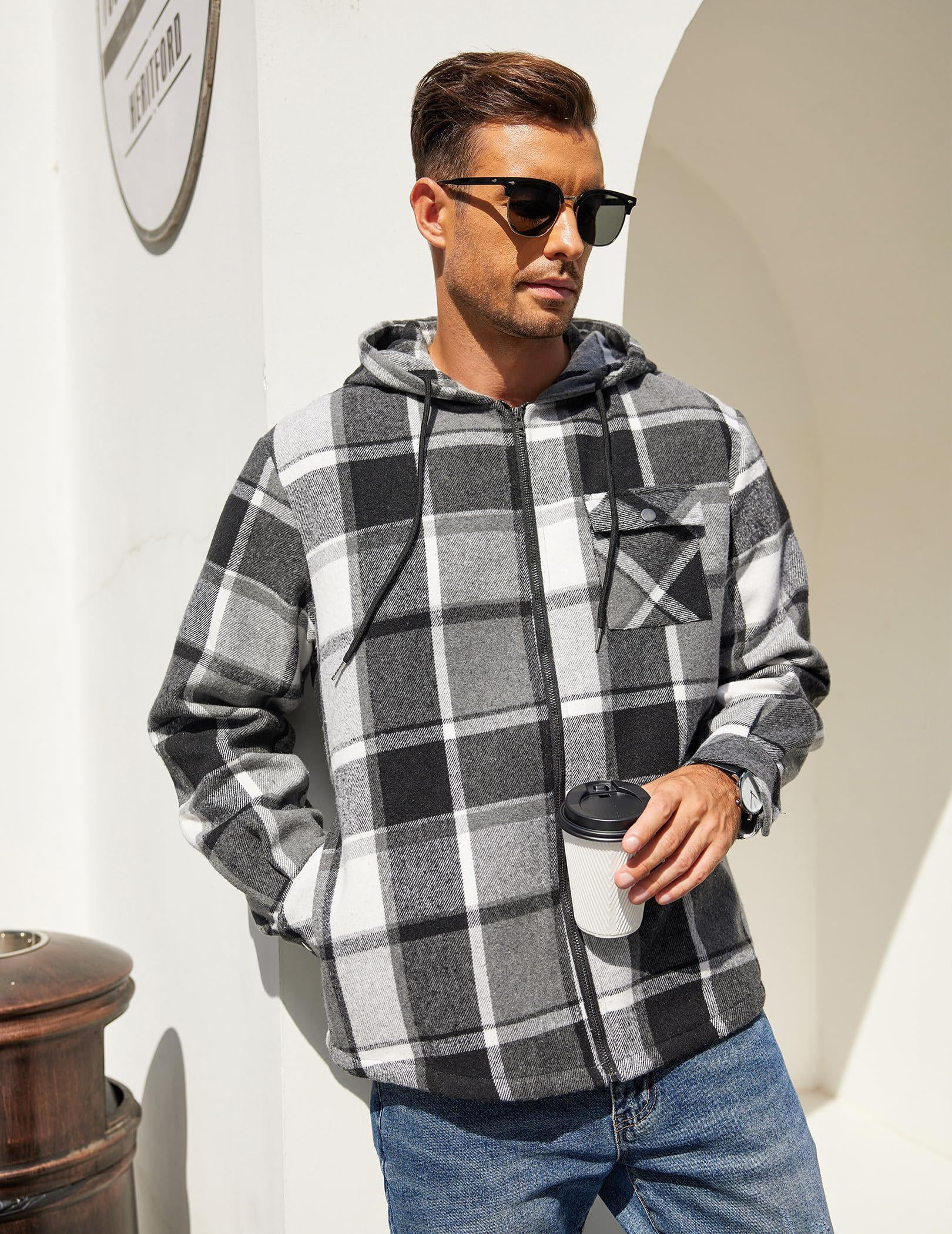 COOFANDY Men's Flannel Hooded Shirt Jacket Plaid Hoodie Zipper Sherpa Lined Winter Thermal Flannel