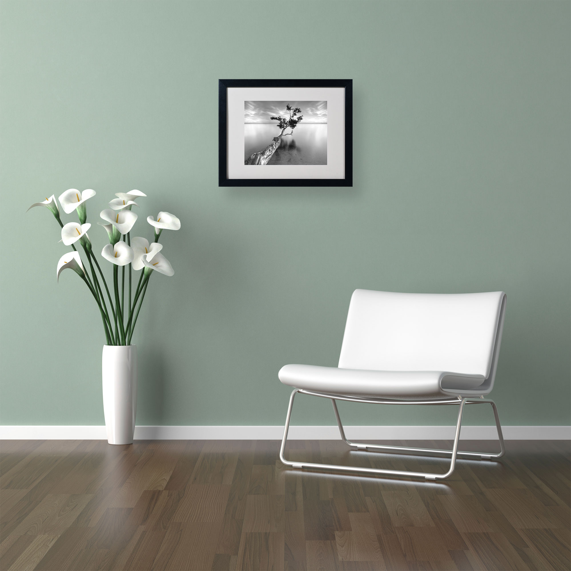 Matted art under acrylic in a black frame