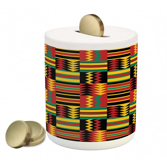 Kente Pattern Piggy Bank, Stripes Triangles and Zigzags Uganda Zimbabwe Nigeria Graphic, Ceramic Coin Bank Money Box for Cash Saving, 3.6" X 3.2", Multicolor, by Ambesonne