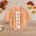 thumbnail image 2 of Staki Long Sleeve Smocked Romper Halloween Baby Romper Long Sleeve Striped Embroidered Bodysuit Crew Neck Fall Outfit for Girls(Orange,0-3 Months), 2 of 5