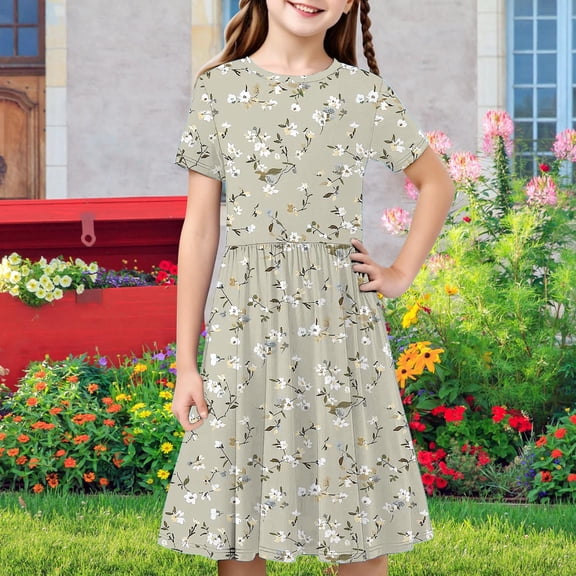 Fatuov Girls Casual Dress Floral Print Short Sleeve Comfy Dress for Travel Crew Neck Summer Pleated Flowy T-Shirt Dress 4-14 Years