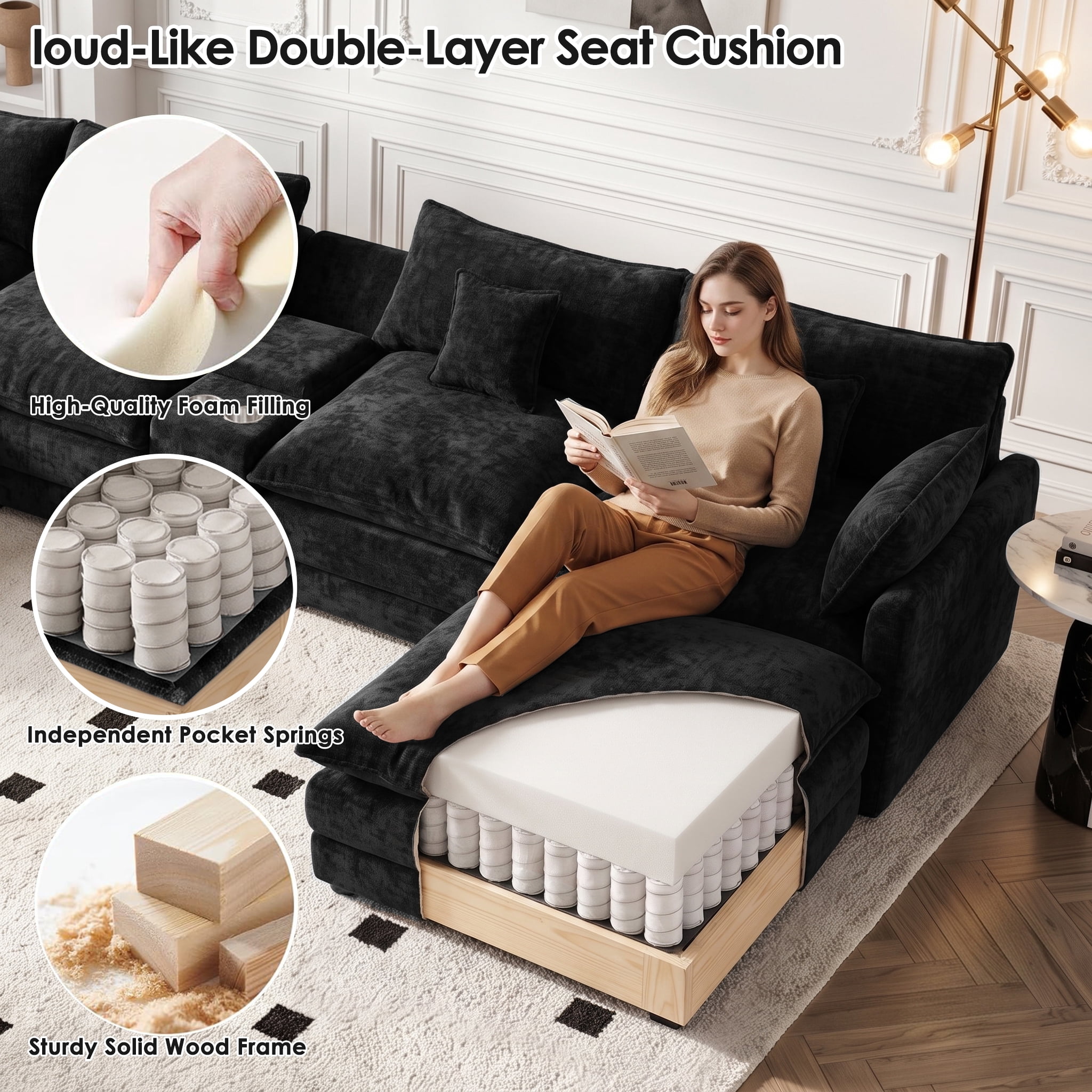 Wakefit 145" U Shaped Sectional Couch, Oversized Modular Sectional Sofa, 5 Seater Chenille Cloud Couch with Hidden Storage, USB Ports & Cup Holders for Living Room, Black