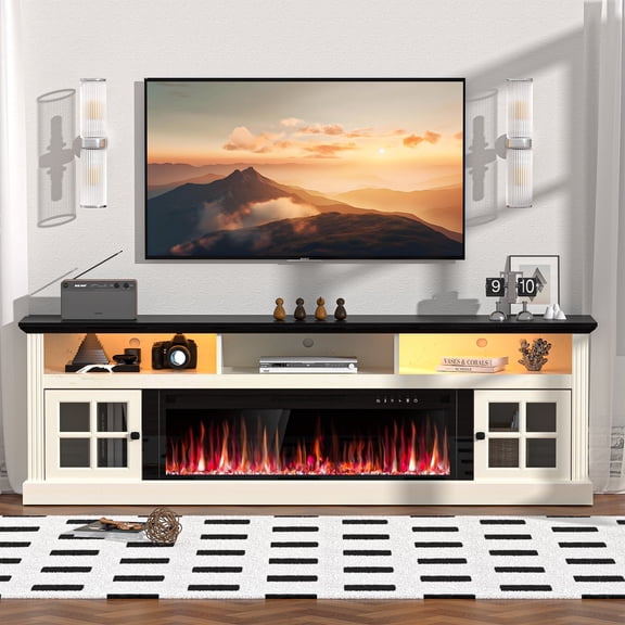 HARIPUL 70" Fireplace TV Stand for TVs Up to 80" with 36" Electric Fireplace, TV Console for The Living Room, LED Light Entertainment Center, Storage Cabinet, Media Console Table, White