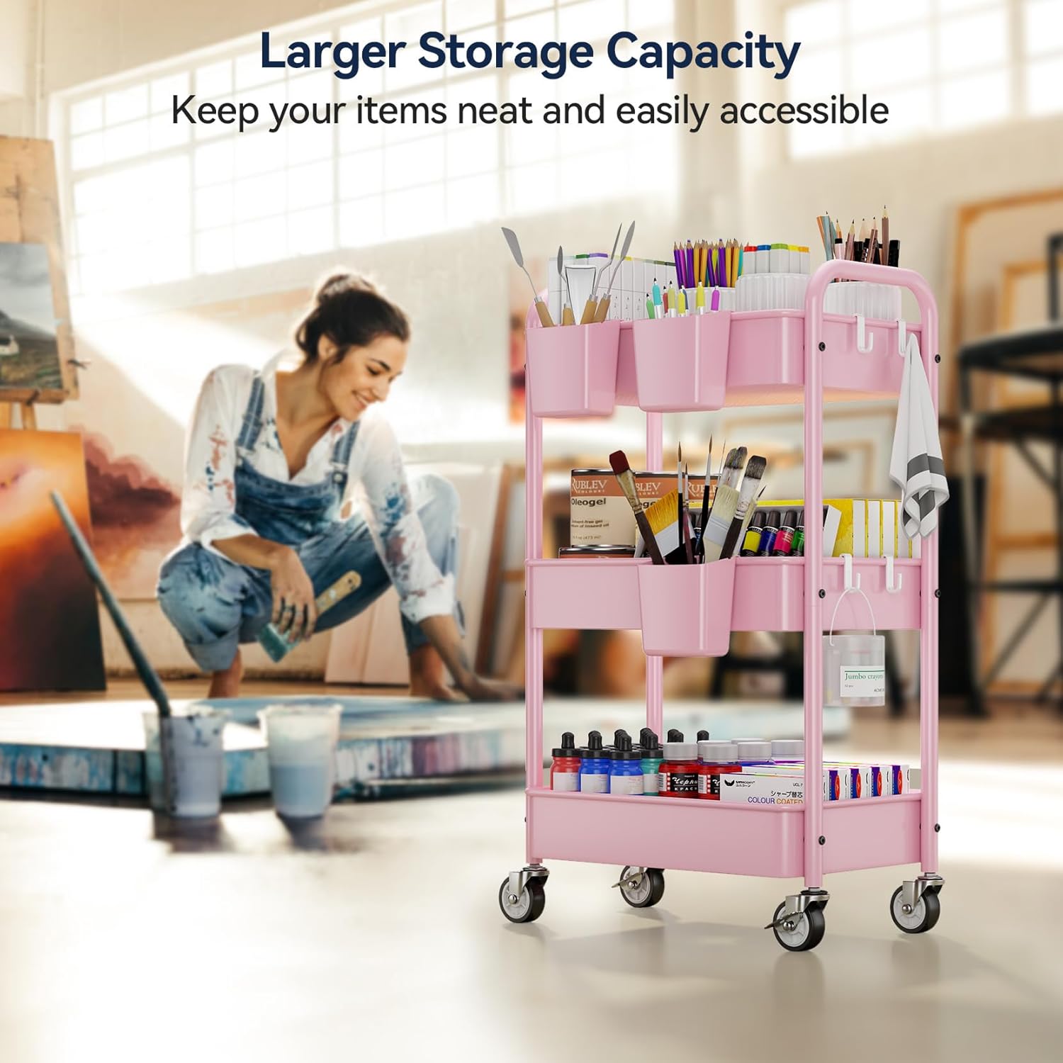 3-Tier Metal Rolling Cart, Heavy Duty Utility Cart with Lockable Wheels, Hanging Cups, Hooks, Mesh Rolling Storage Cart Craft Organizer, Lightweight and Sturdy, Pink