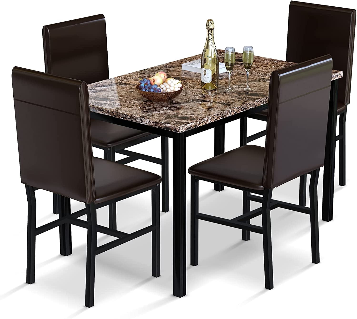 Baxluxe Modern 5-Piece Dining Table Set, Artificial Marble Dining Table. With 4 chairs in PU leather for use in the kitchen and living room, brown
