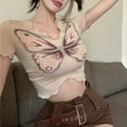 thumbnail image 5 of Women V Neck Top Butterflies Pattern Irregular Hem Slim Fitted Short Type Summer Casual T Shirt Brown S, 5 of 8