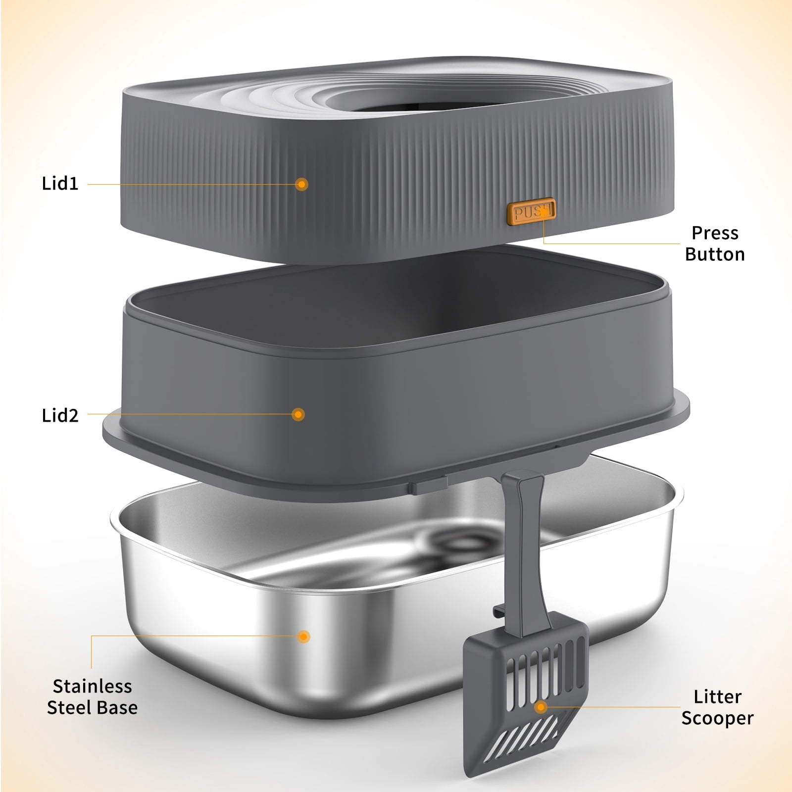 Btidfty Top-entry Stainless Steel Cat Litter Box W/lid&scoop Enclosed Bedpan (Dark Gray)