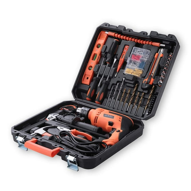 13mm Power Drill Kit 750w Powerful Impact Drill Machine Kit | Hammer Wrench Plier Cutter Spirit Level Tape | Screwdriver Kit With 43 Pieces Tool Kit & Accessories | Compact & Portable