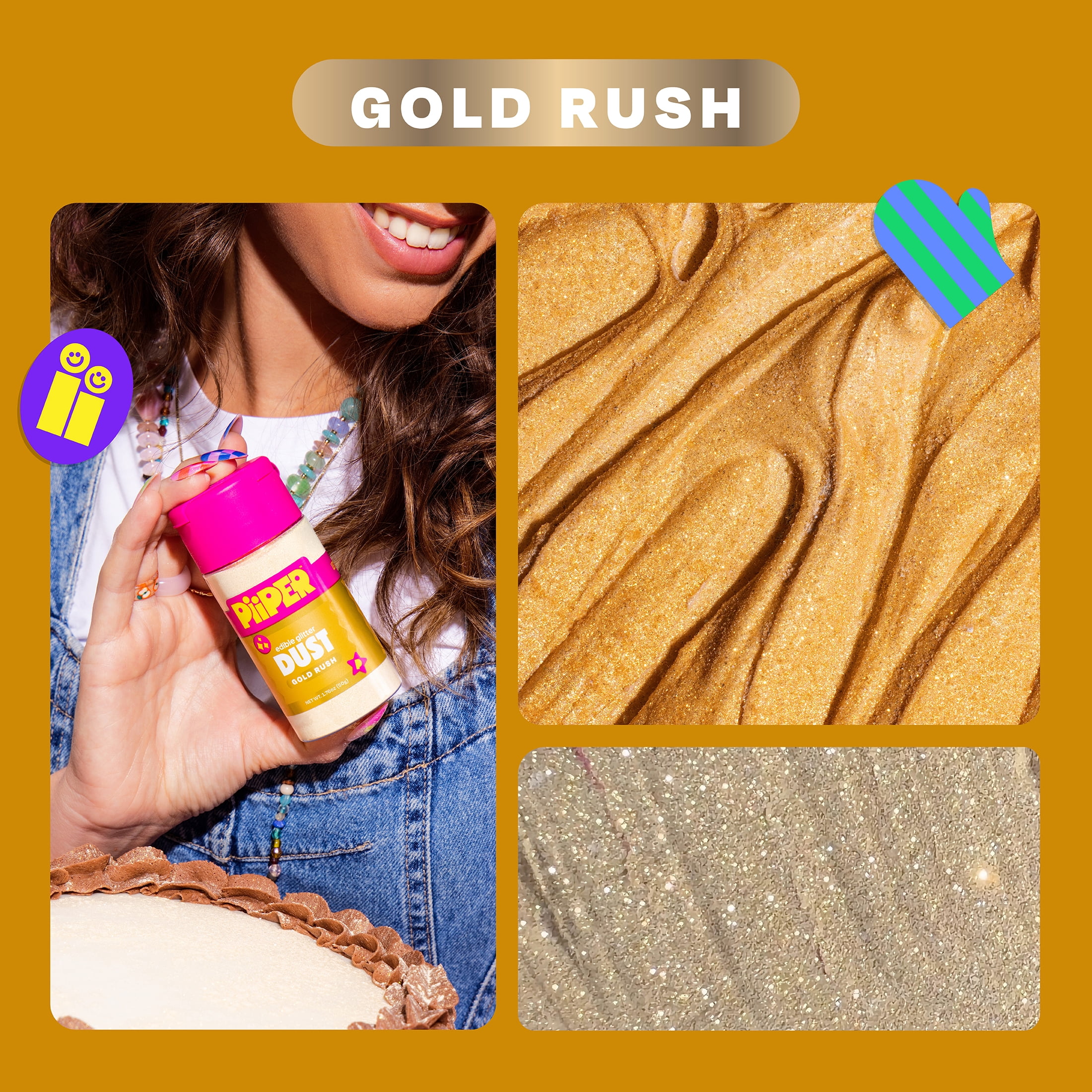 Piiper Edible Dust Gold Rush, Edible glitter dust, Shake to apply, for desserts, drinks & treats