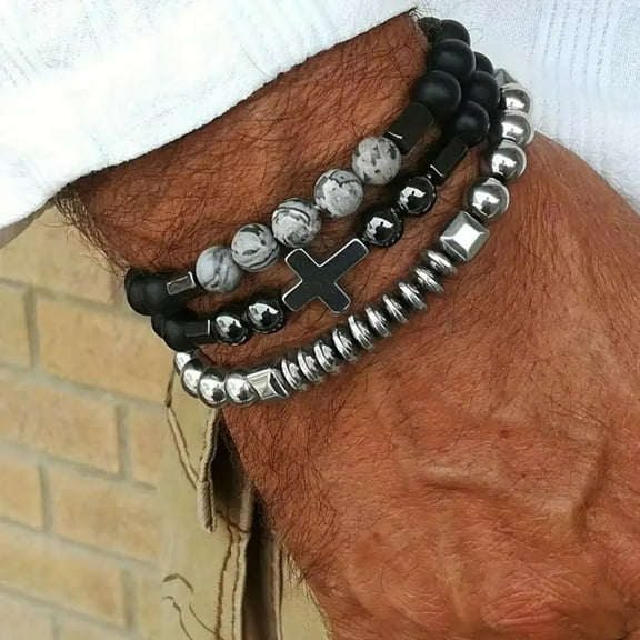 European and American trendy cross black agate men's bracelet elastic three-piece stainless steel bracelet combination,Grey