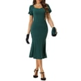 thumbnail image 1 of Vestidos Elegantes Chic para Negocios de Mujer con Escote Corazón, Manga Corta Abullonada, Estilo Sirena, Midi, Talla XL, Verde Oscuro, 1 of 6