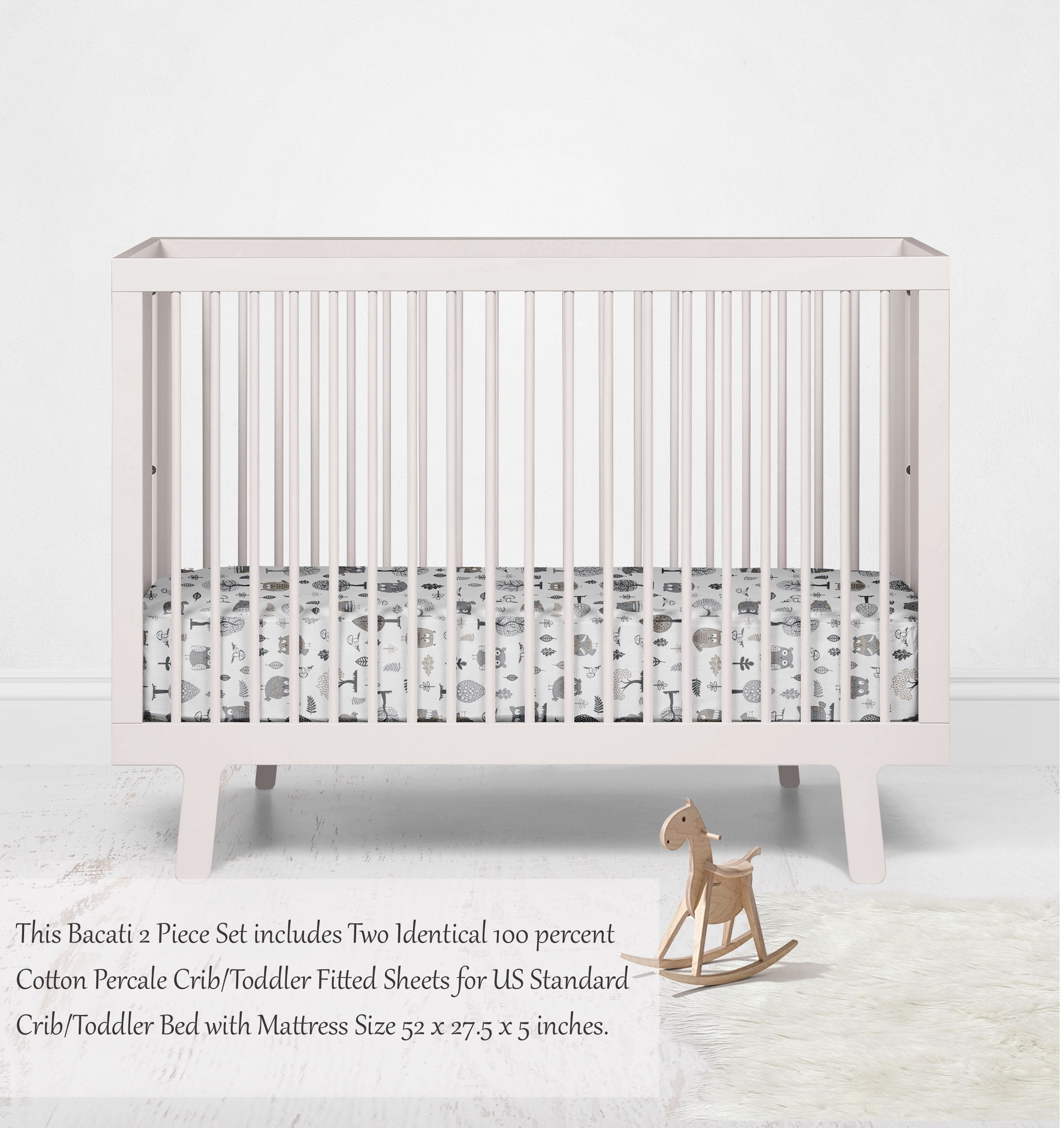 Bacati - Owls Grey/Beige Printed Crib Fitted Sheet
