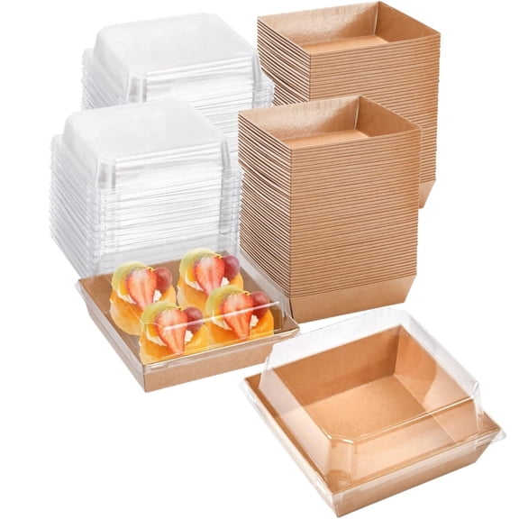 Loopunk 50 Pack Charcuterie Boxes with Clear Lids, Brown Kraft Paper Bakery Dessert Sandwich Box, Disposable Square Food Containers for Cookies, Donuts, Muffins, Salad, and Pastry(5 inches)