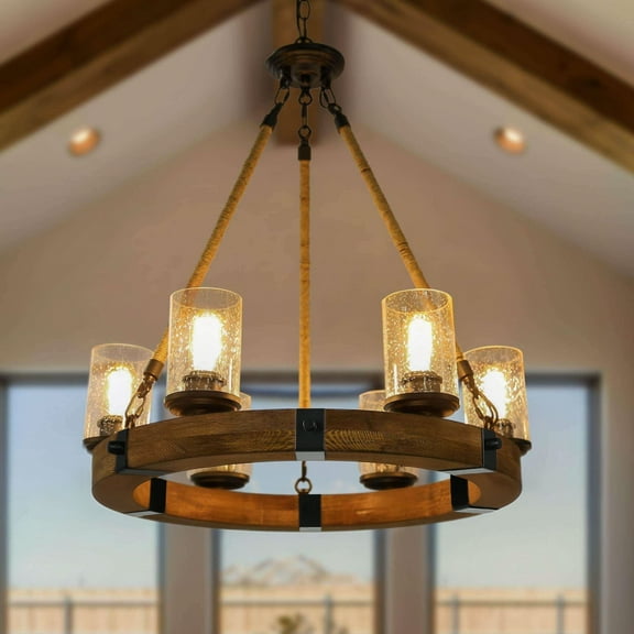 LNC 6-Light Farmhouse Drum Brown Wood and Matte Black Cylinder Glass Seeded Chandelier