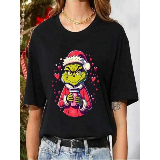 Women's Christmas Print T-Shirt, Grinch Green Monster Fun Party Style, Unisex Ins Casual