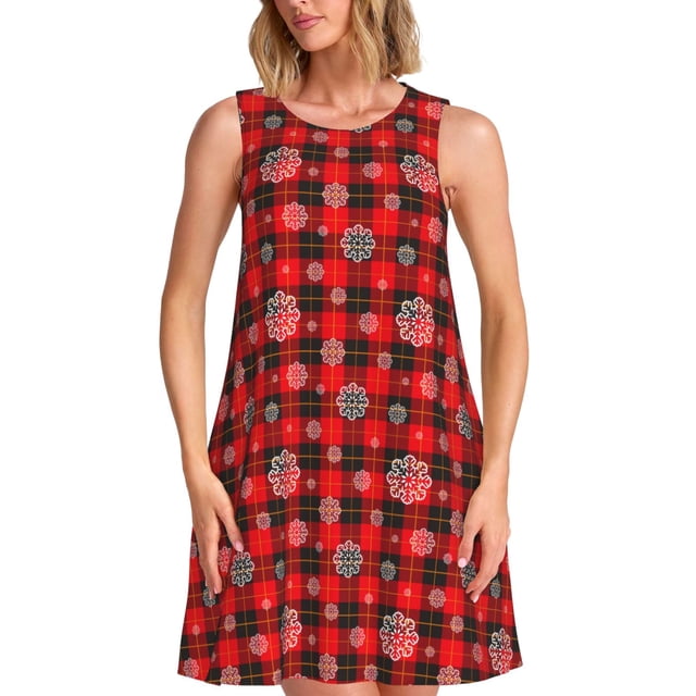 Easygdp Snowflakes On A Buffalo Plaid para Vestido Transpirable de Mujer, Vestido Suelto de Manga Corta con Pliegues y Bolsillos para el Verano