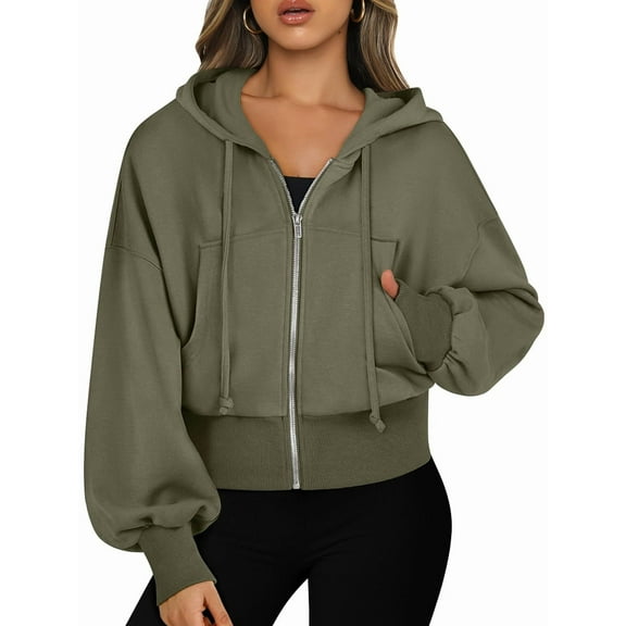 Female Zip Up Hoodies Cropped Sweatshirts Casual Comfy Cute Zip Jackets Fashion Trendy Fall Outfits Army Green S
