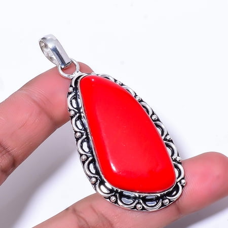Red Coral Gemstone 925 Sterling Silver Handmade Pendant 2.54" P260