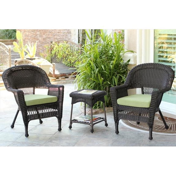 3 Piece Espresso Wicker Chair And End Table Set With Green Chair Cushion