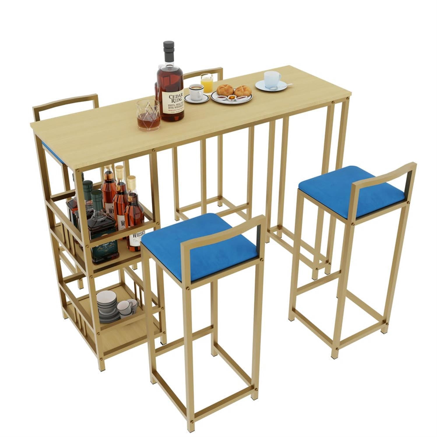 Demi Bonn 5-Piece Dining Table Set with 4 Upholstered Bar Stools and Storage, Kitchen Bar Table Furniture Sets for Dining Room, Apartment, Blue