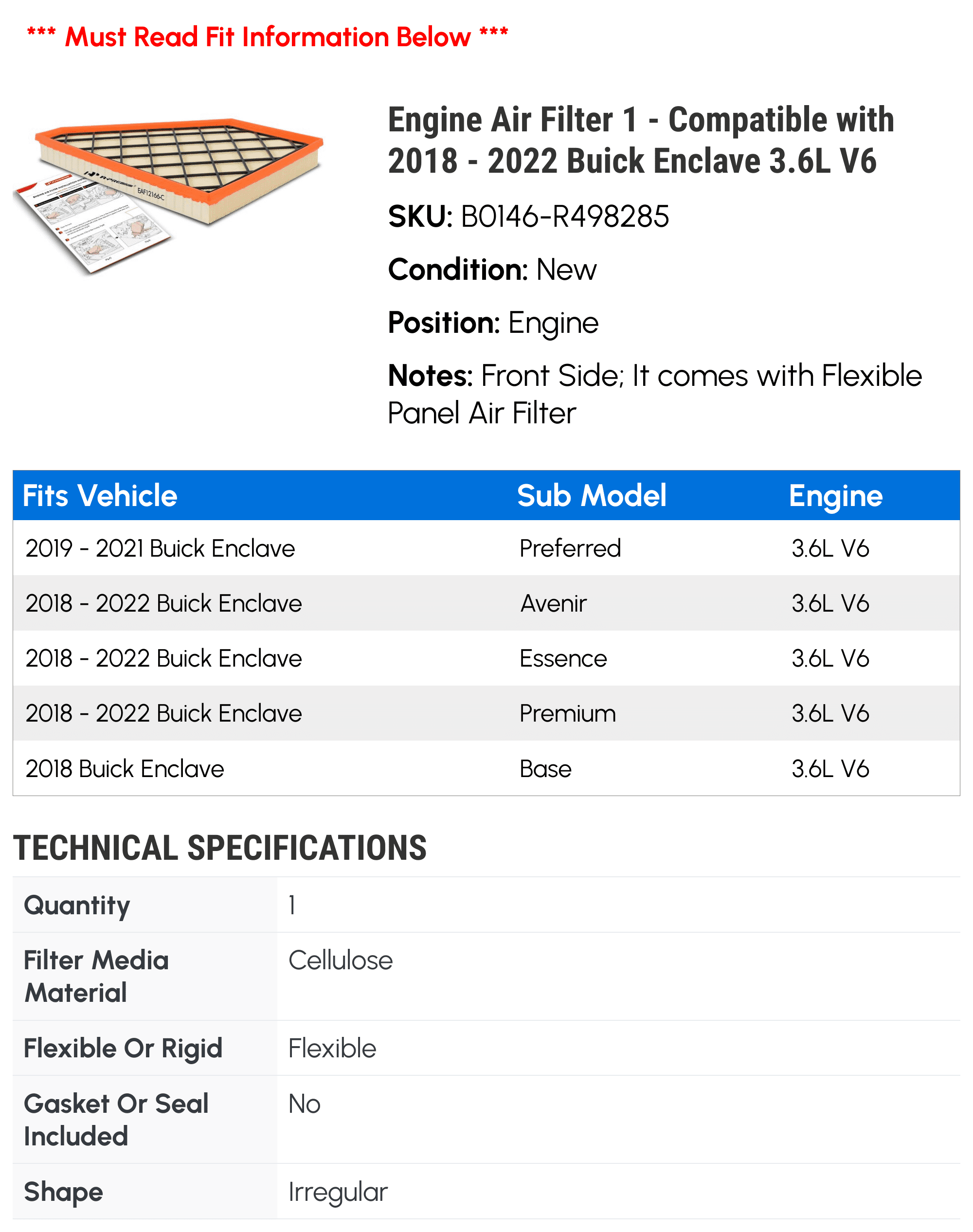 Engine Air Filter 1 - Compatible with 2018 - 2022 Buick Enclave 3.6L V6 - Autopart Premium