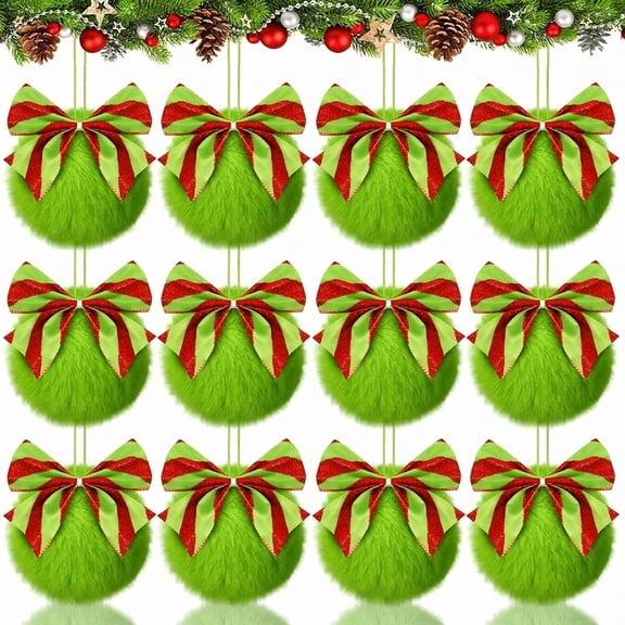 Sinkoo 12pcs Plush Ornaments for Christmas Tree Decorations, Lime Green Christmas Ball Ornaments, Furry Pom Poms Hanging Decorations for Xmas Tree Home Party Fireplace Mantel Wall Wreath Decor