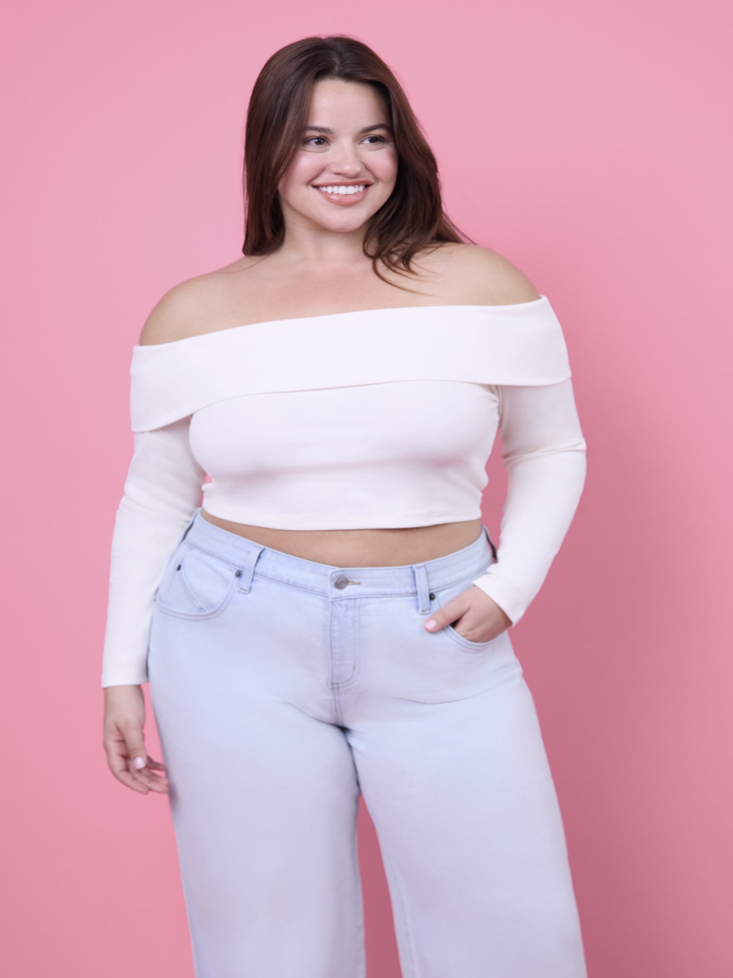 Mills by Millie Bobby Brown Women's Ribbed Off the Shoulder Long Sleeve Sweater, Sizes XXS-XXL