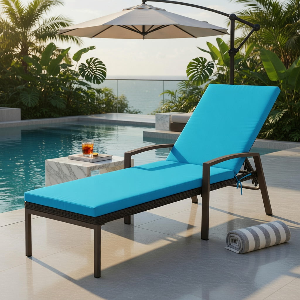 Hommoo Adjustable Outdoor Rattan Chaise Lounge Chair with Removable Cushion, Steel Frame, Weather-Resistant PE Wicker, 5-Position Reclining Backrest for Patio, Deck or Poolside, Turquoise